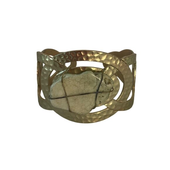 Hammered Gold-Tone Cuff Bracelet Matte Oval White Stone Boho Adjustable - Picture 3 of 11